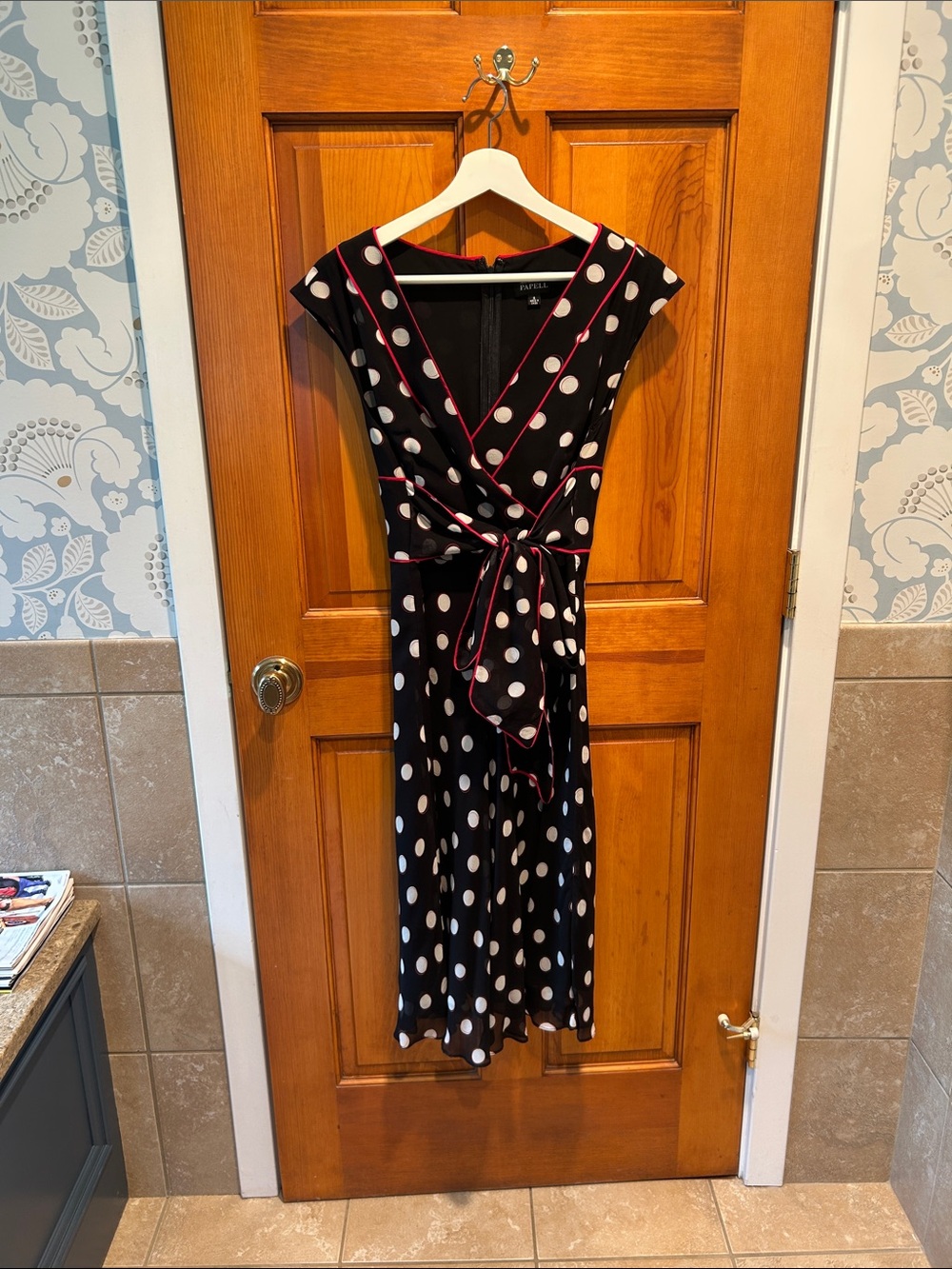 Adrianna Pappel  Black Polka Dot Midi Dress with Pink Trim